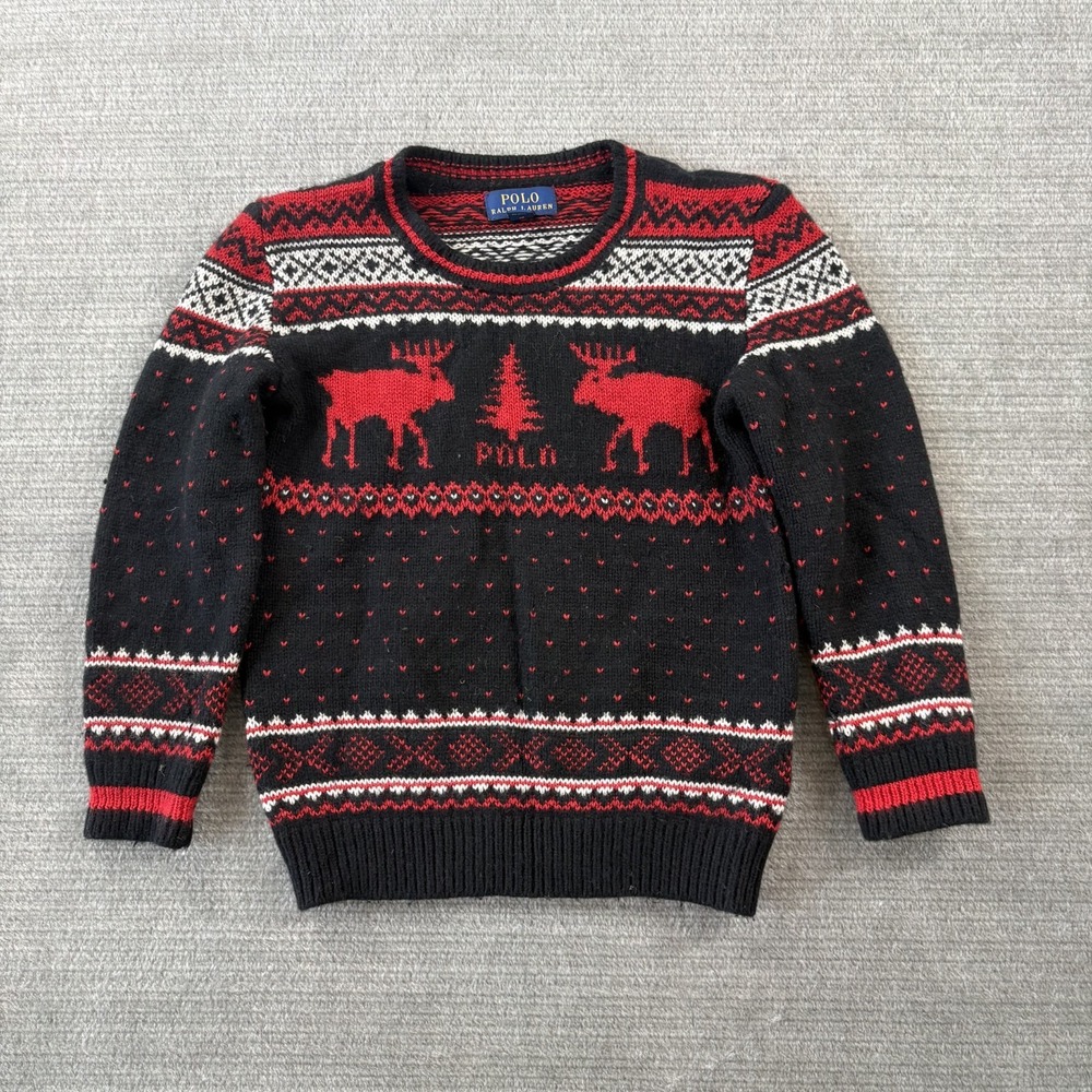 Polo Ralph Lauren Holiday Sweater Boys 5 Black Birdseye Moose Knit Festive Wool